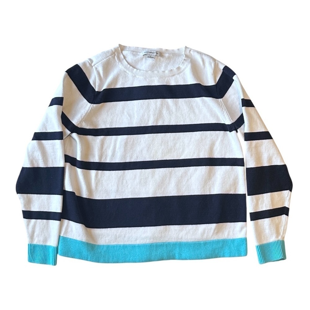 Liz Claiborne Striped Knit Crew Neck Sweater in Miami Blue Multi Women’s Large - Picture 2 of 5
